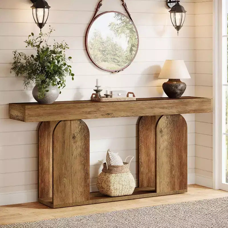 Lantine extra langer Landhaus-Konsolentisch, 70,9 Zoll, mit zweistöckigem Holzregal, geeignet für Flur, Wohnzimmer und Eingangsbereich, Vintage-Braun