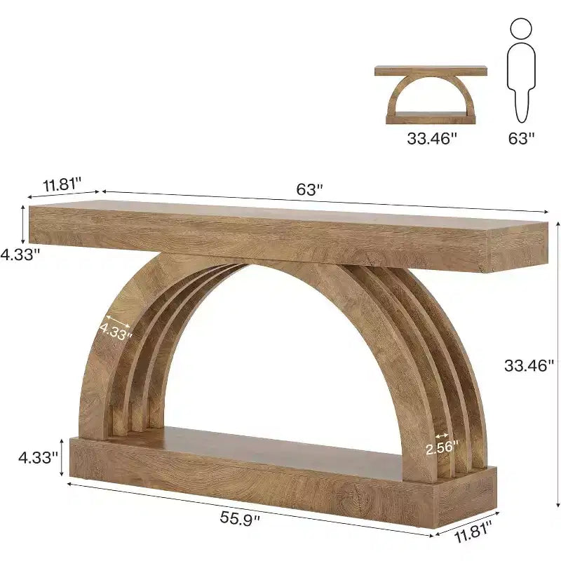 Mesa de entrada Lantine de 63 pulgadas, mesa de sofá de 2 niveles detrás del sofá, consola estrecha de estilo rústico con arco único para pasillo, sala de estar, recibidor, natural