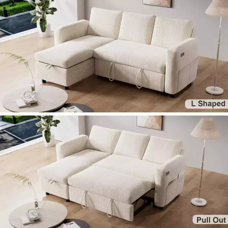 Dyonery 2-in-1-Schlafsofa zum Ausziehen mit Stauraum und Récamiere, Cord-Ecksofa mit USB-Anschlüssen für das Wohnzimmer