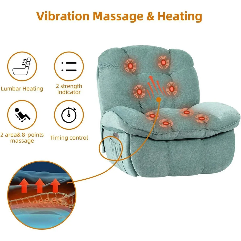 XINMICS draaibare elektrische relaxstoel, massagestoel met schommelstand, verwarming, USB, USB-C en zijvak