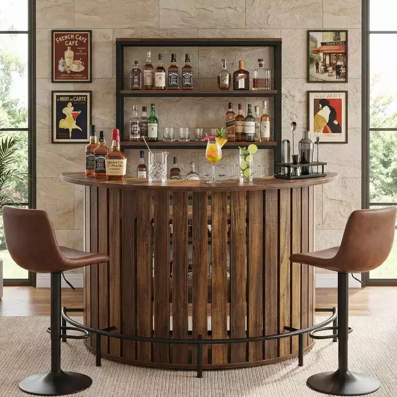 4-poziomowy mini bar w kształcie łuku, nowoczesna rustykalna szafka barowa do domu z podnóżkiem i konstrukcją z MDF