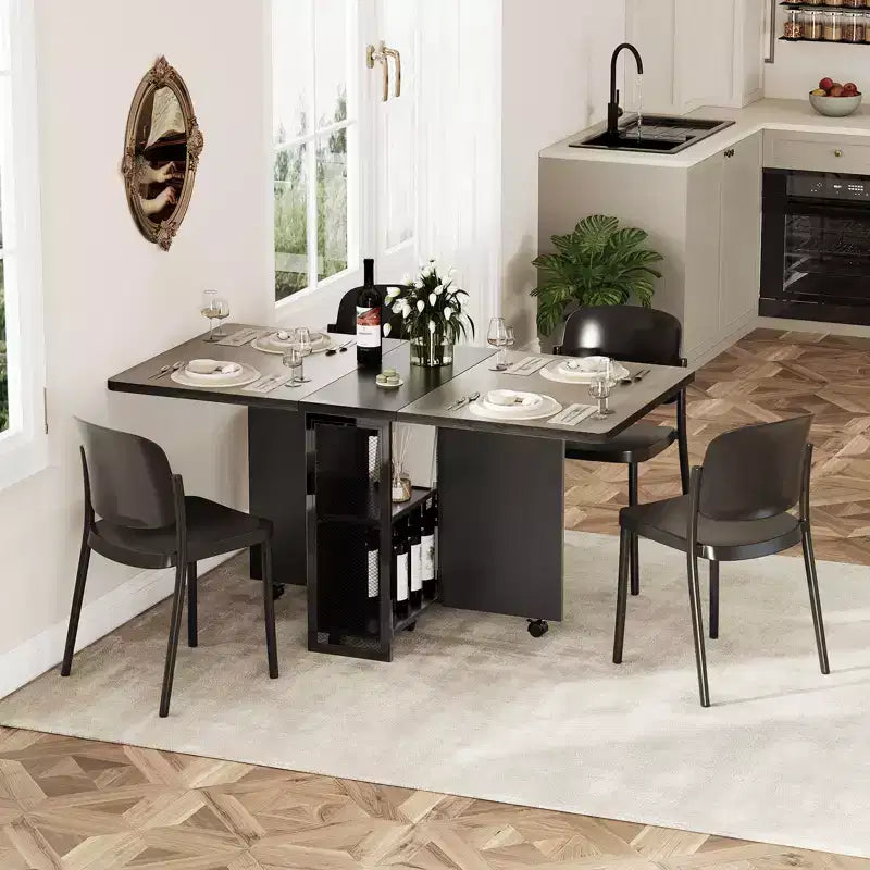 Inklapbare eettafel voor de keuken, ruimtebesparende eettafel, uitschuifbare keukentafel met neerklapbaar blad en 6 wielen voor kleine ruimtes