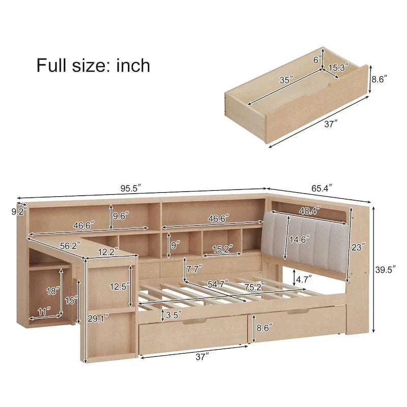 L-förmiges Holz-Sofa-Tagesbett mit Schreibtisch, Bücherregal-Schrank, Eckbett mit Schubladen unter dem Bett, gepolstertem Kopfteil und integrierter Beleuchtung