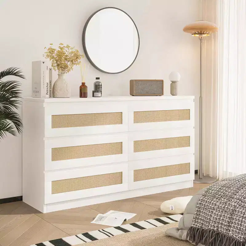 Rattan-Kommode fürs Schlafzimmer mit 6 Schubladen, 119 cm breite moderne Kommode im Landhausstil, Holzschrank mit Stauraum-Organizer für Kleiderschrank, Wohnzimmer und Flur