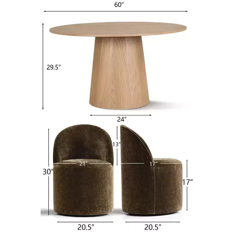 Modern Dining Table Set For 6, Round Pedestal Dining Table, Swivel Rolling Barrel Chairs With Wheels, Textured Chenille- Panipeachy