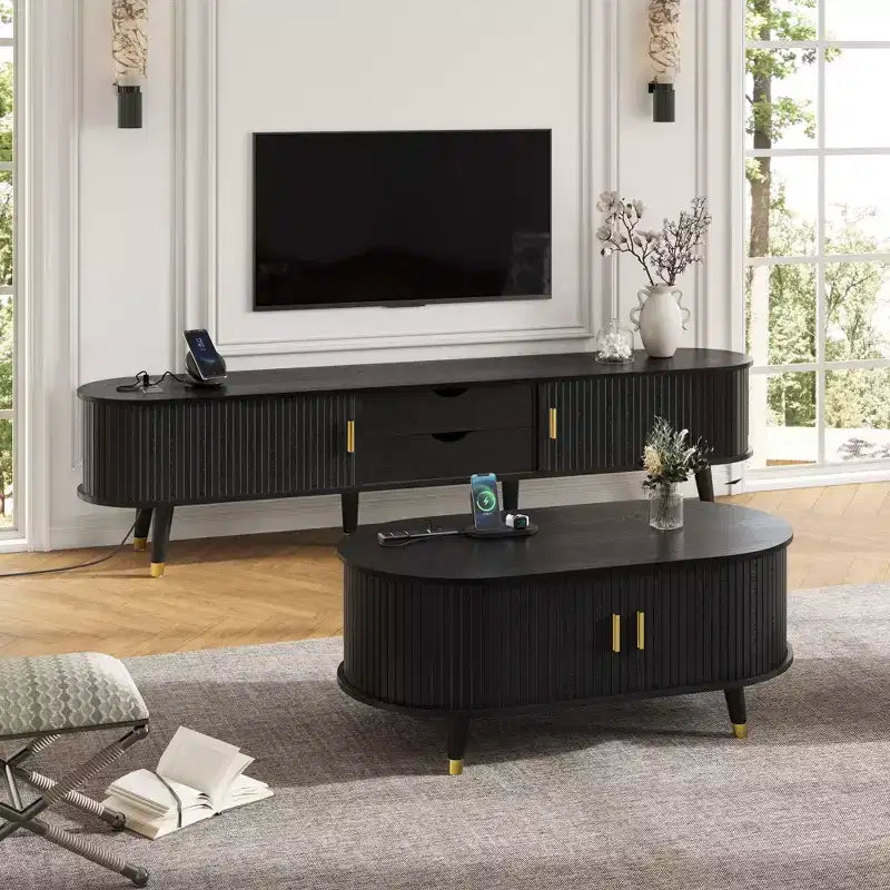 CLIHOME TV-Schrank und Couchtisch-Set aus Holz im Landhausstil mit Ladestation, ovale geriffelte Medienkonsole für Fernseher bis zu 80