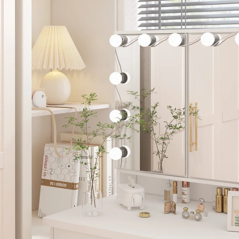 Luksusowa toaletka do makijażu LED z 9 szufladami, elegancka stacja do makijażu