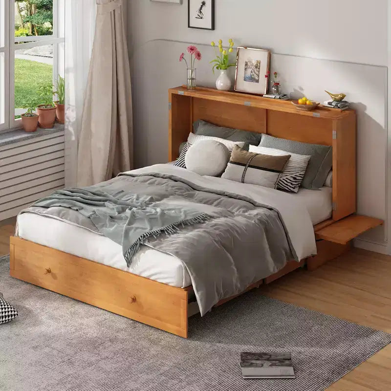 Cama abatible Mjkone tamaño queen, cama tipo armario cúbico con estación de carga y espacio de almacenamiento