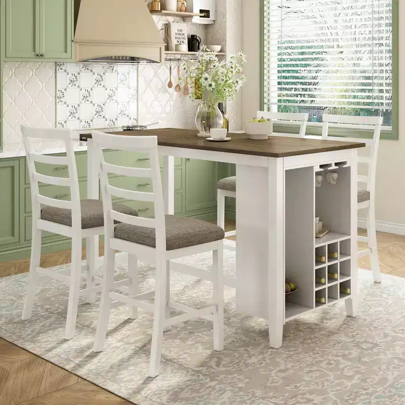 Ensemble de salle à manger de style maison de campagne 5 pièces, hauteur comptoir, avec chaises pour 4 personnes, table rectangulaire en bois avec étagères de rangement et compartiment pour bouteilles de vin
