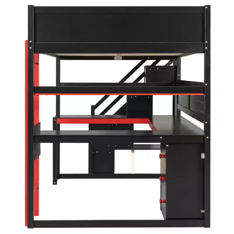 GDFStudio Scott Wooden Gaming Loft Bed with Storage Stairs, Desk, Shelves & Pegboard