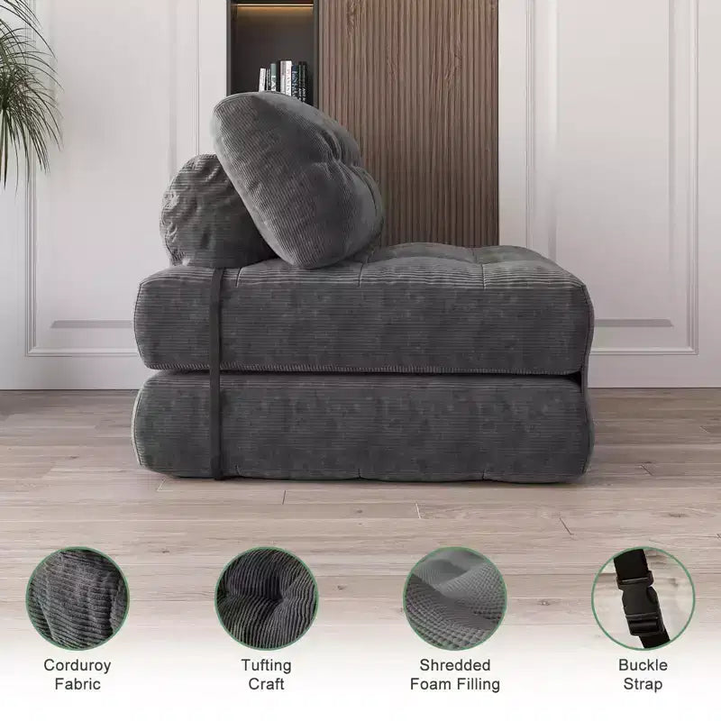 Canapé-lit futon pliant en velours côtelé, fauteuil convertible au sol avec coussin et soutien dorsal, format double