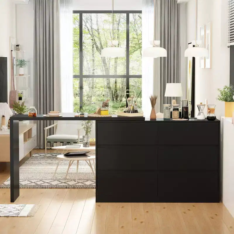 Smart Rotatable/Extendable Buffet Sideboard with 6 Drawers, Extended Countertop, Non-slip Mat, Rotating Dining Table, Kitchen Island Pantry