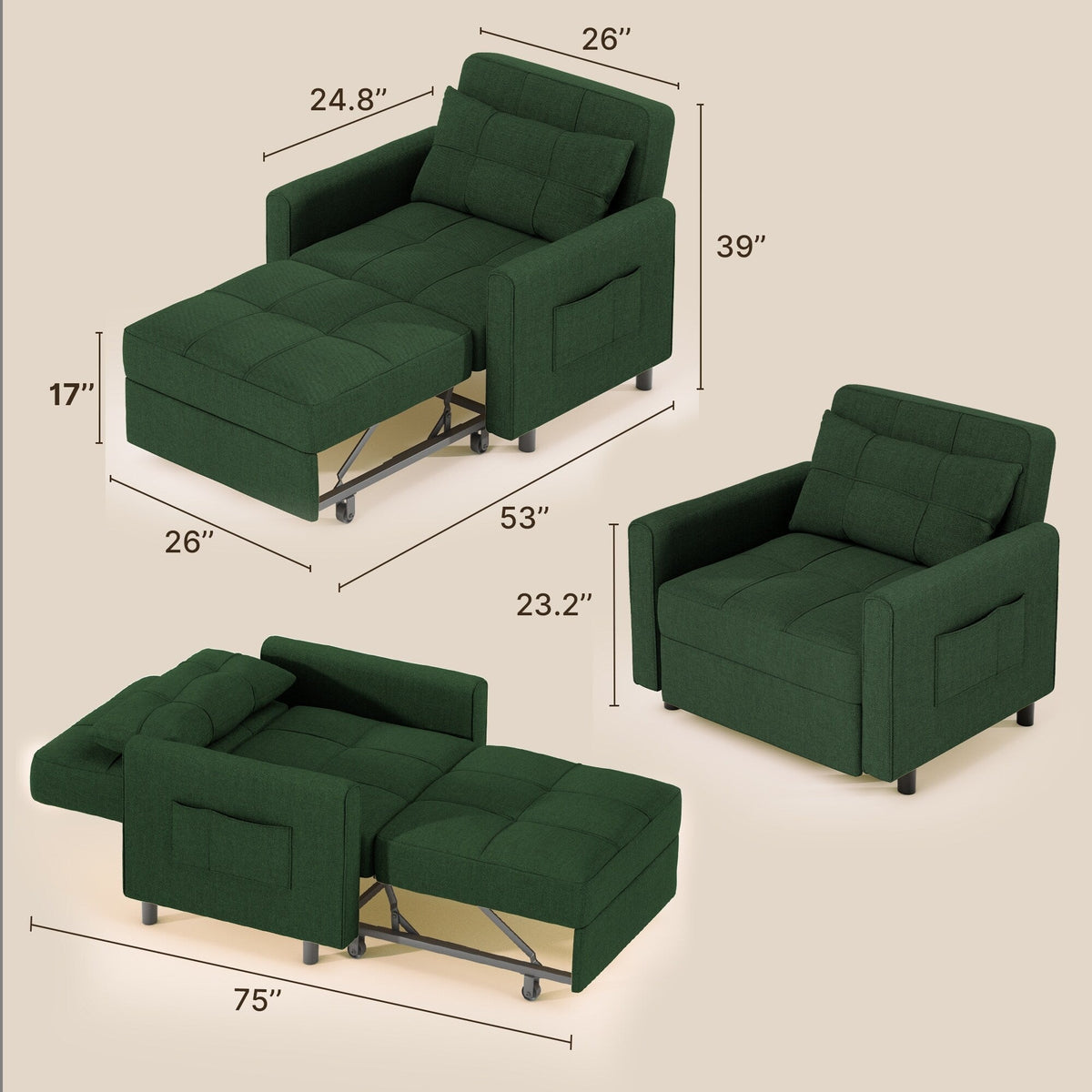 3-in-1-Schlafsofa mit verstellbarer Rückenlehne, ausziehbarer Sessel, umwandelbares Klappbett fürs Wohnzimmer