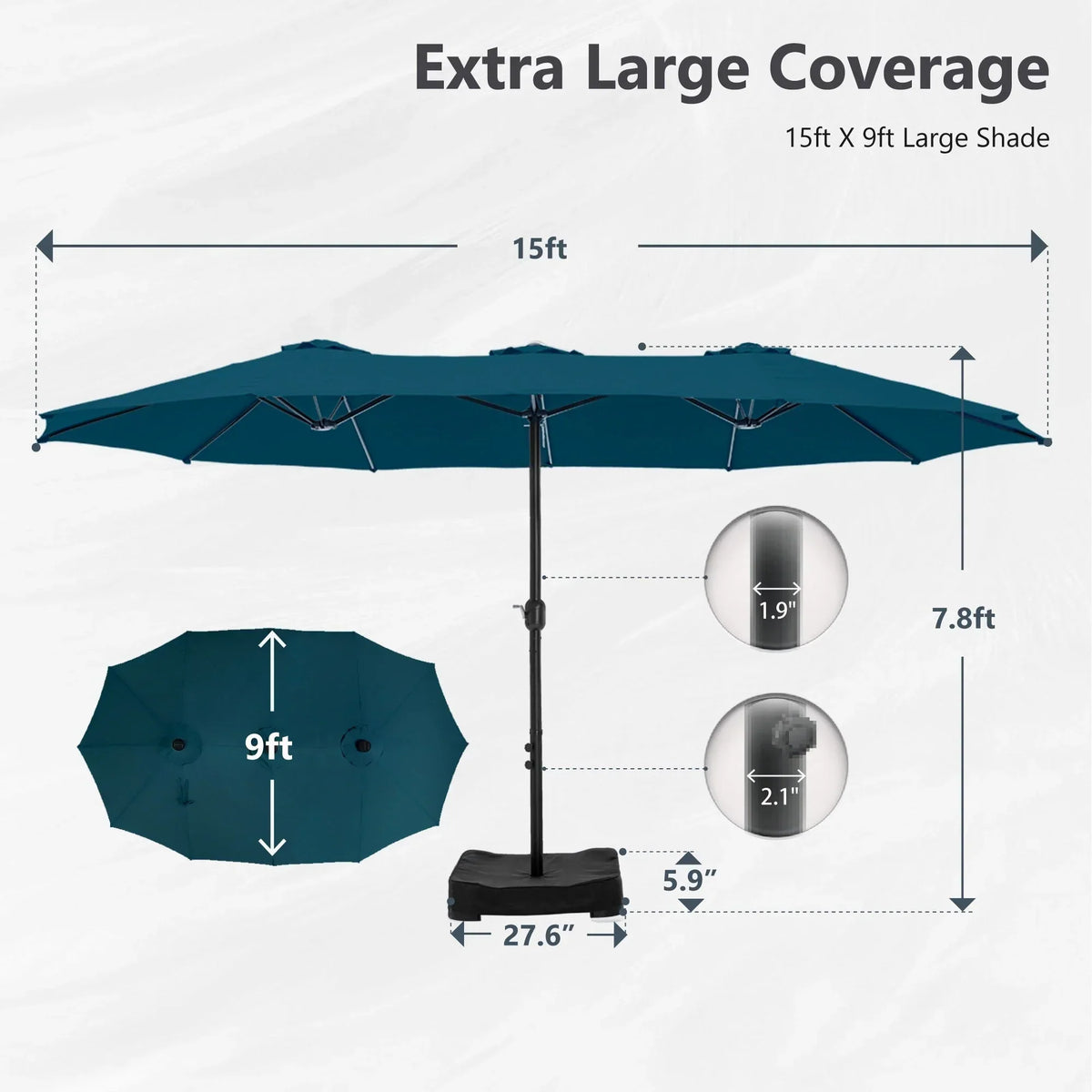 MAISON ARTS dubbele parasol voor terras, 15 ft, extra groot, tweepersoons, inclusief voet