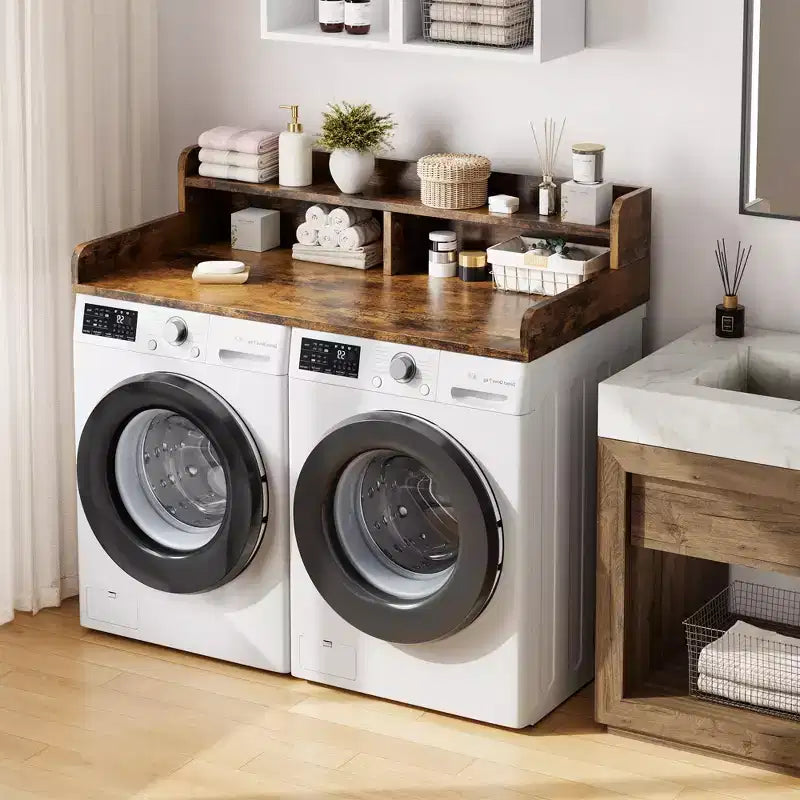 Houten opzetblad voor wasmachine en droger, 54 inch aanrechtblad voor de wasruimte met opbergplank met 2 niveaus, antislip werkoppervlak met opstaande randen voor een georganiseerde wasruimte