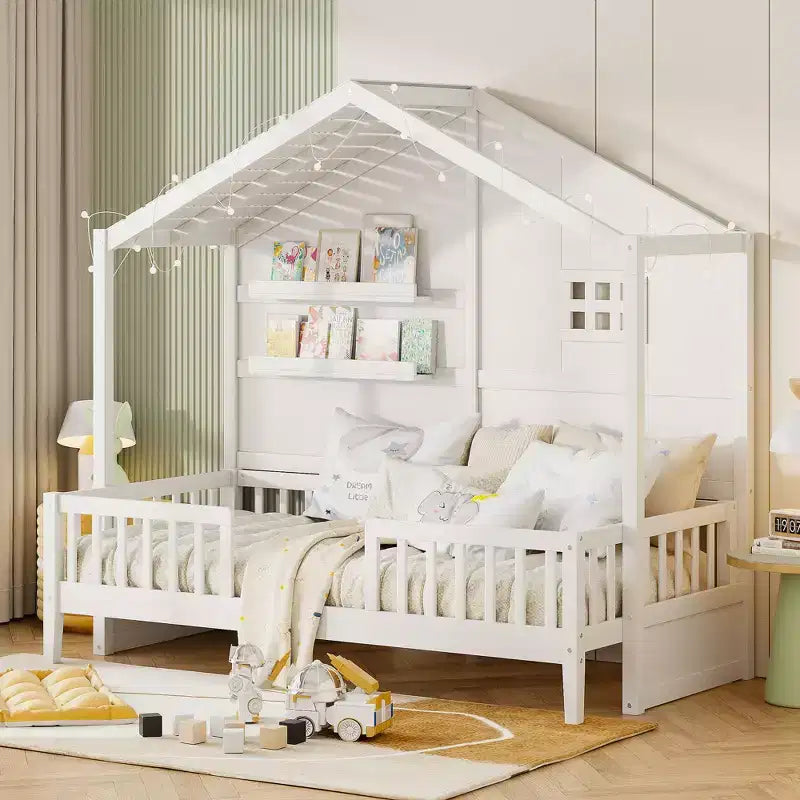 Twin Size House Bed with Storage Shelves and Rails, Wood Kids Montessori Bed Frame with Window and Sparkling Light Strip