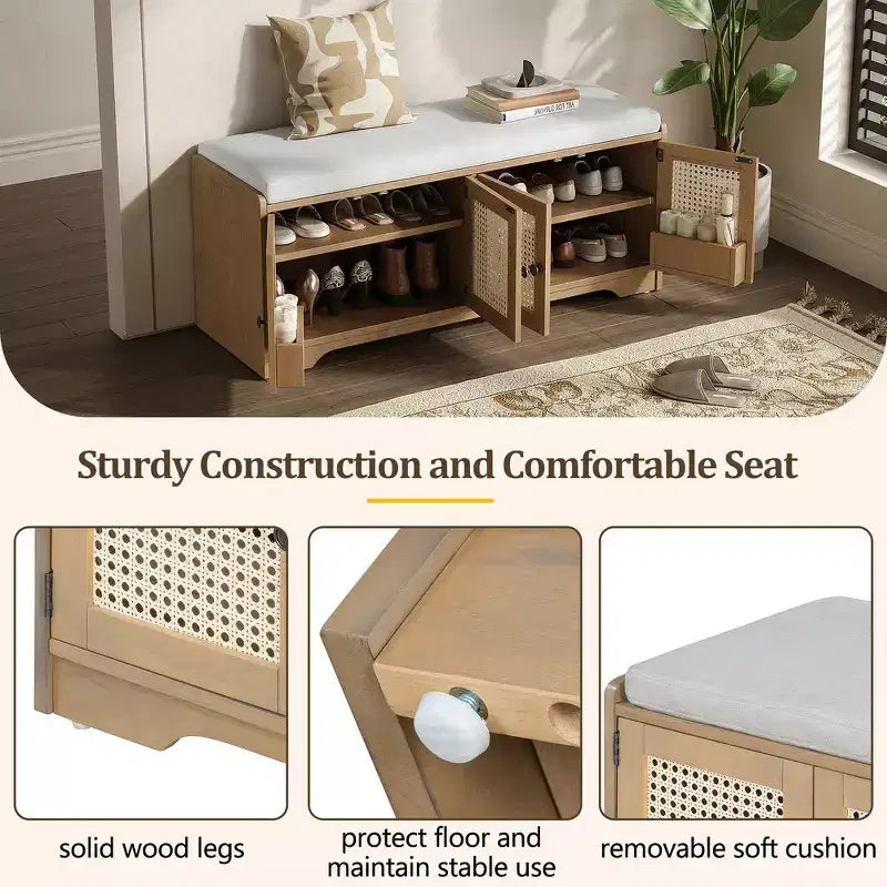 Whisen Rustic Wood Storage Bench, Entryway Shoe Bench with Removable Cushion, Adjustable Shelves