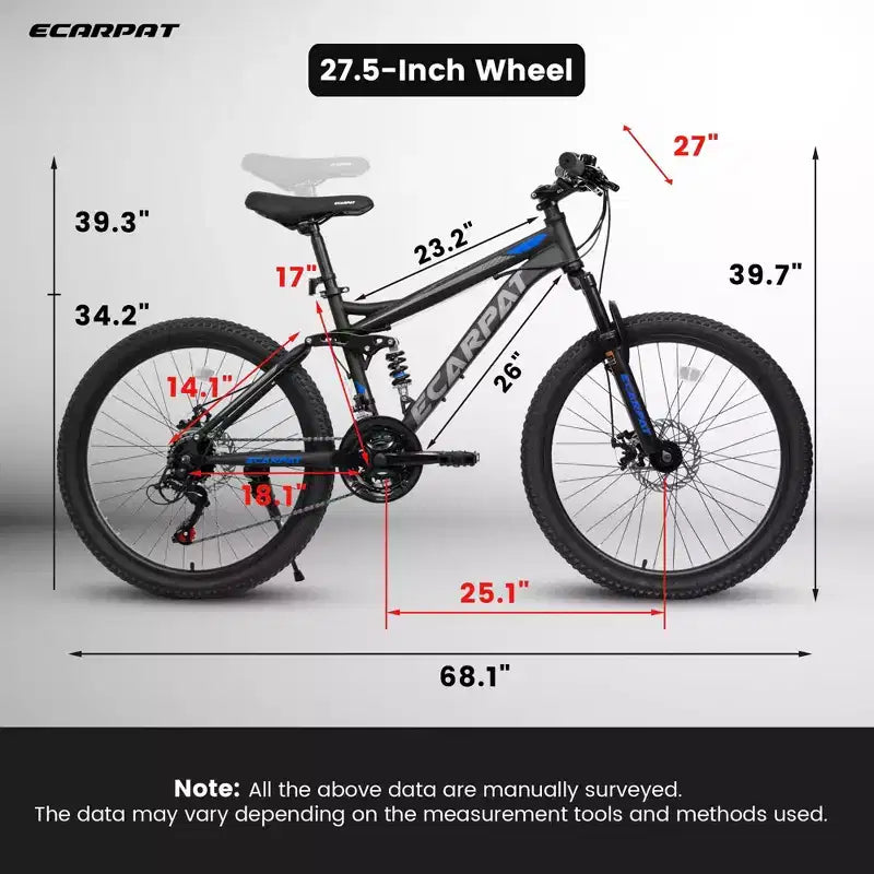 Okak Mountainbike 27,5 Zoll mit vorderen und hinteren Doppelstoßdämpfern, Dirtbike mit 21 Gängen und mechanischen Scheibenbremsen, Erwachsenenfahrrad für Männer und Frauen