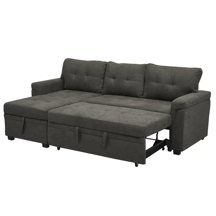 Divano componibile reversibile trasformabile con letto estraibile, chaise longue con contenitore nascosto e gambe resistenti