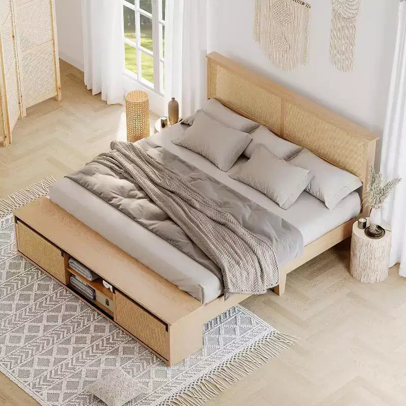 Cadre de lit bohème champêtre en rotin naturel, rangement avec porte de grange coulissante et tête de lit avec éclairage LED, pieds de support en bois massif