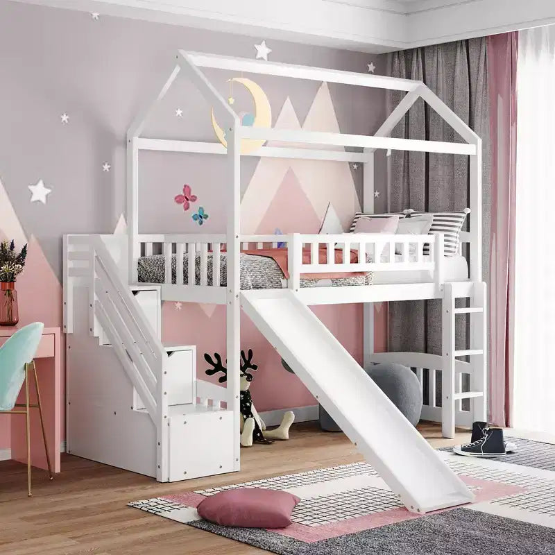 Twin House Loft Bed with Slide and Stairs, Loft Bed with Storage Drawers, Wood Cabin Loft Bed for Kids Toddlers