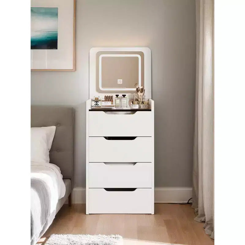 Okak 3-in-1-kaptafel met opklapbare spiegel, compacte kaptafel met zichtbaar glazen blad en gewatteerde kruk, kaptafelbureau voor de slaapkamer
