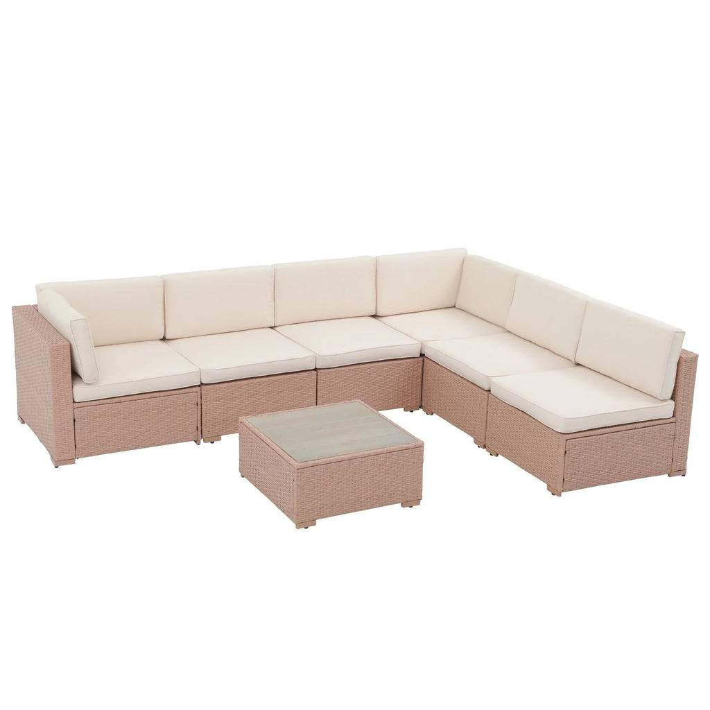 7-teiliges Outdoor-Sitzgruppen-Set aus Korbgeflecht und Stahl mit Polsterung