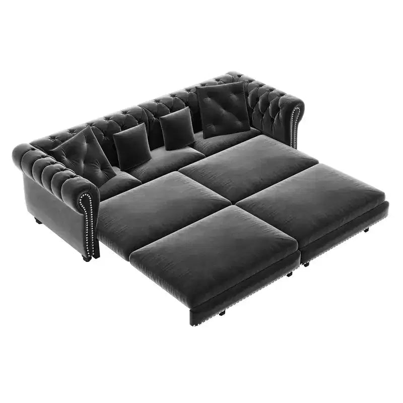 Whisen Samt-Schlafsofa in King-Size mit Ausziehfunktion und 3-in-1-Funktion, wandelbares Schlafsofa mit beweglichem Hocker und Steppdesign