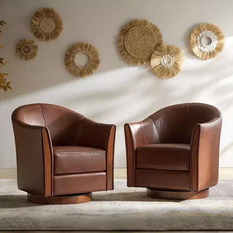 Juego de 2 sillones giratorios tipo barril Pocono de cuero genuino, de estilo transicional, con base de madera maciza, Artful Living Design