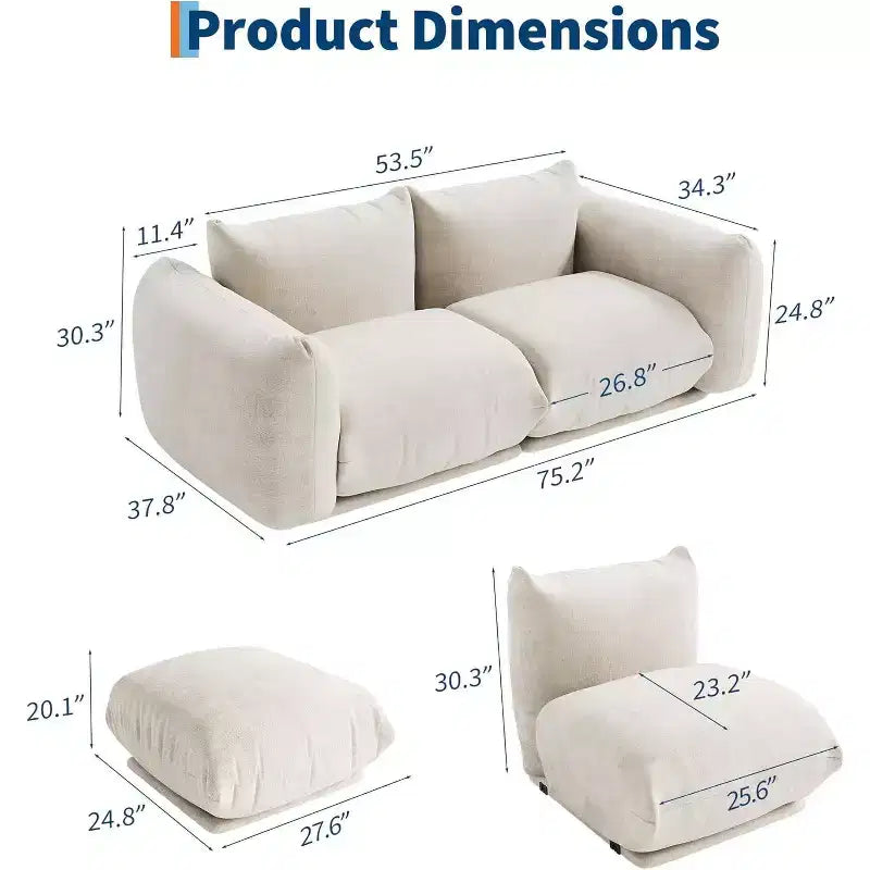 Canapé modulaire 2 places en tissu chenille, canapé nuage avec éponge haute résilience, sans accoudoirs pour petits espaces