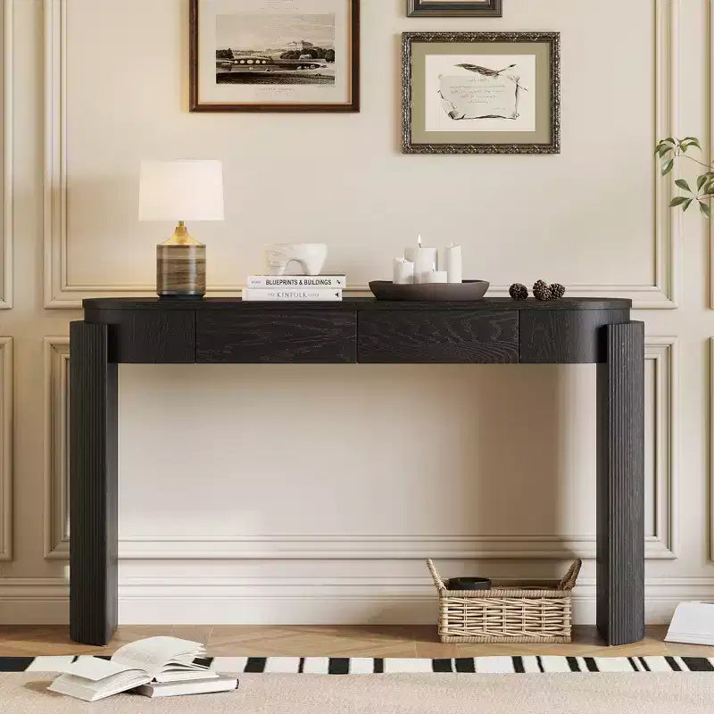 Table console moderne Merax à plateau ovale avec pieds courbés cannelés et deux tiroirs dissimulés