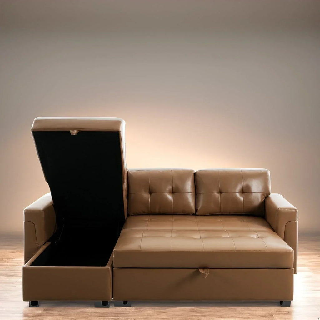 Divano componibile reversibile trasformabile con letto estraibile, chaise longue con contenitore nascosto e gambe resistenti