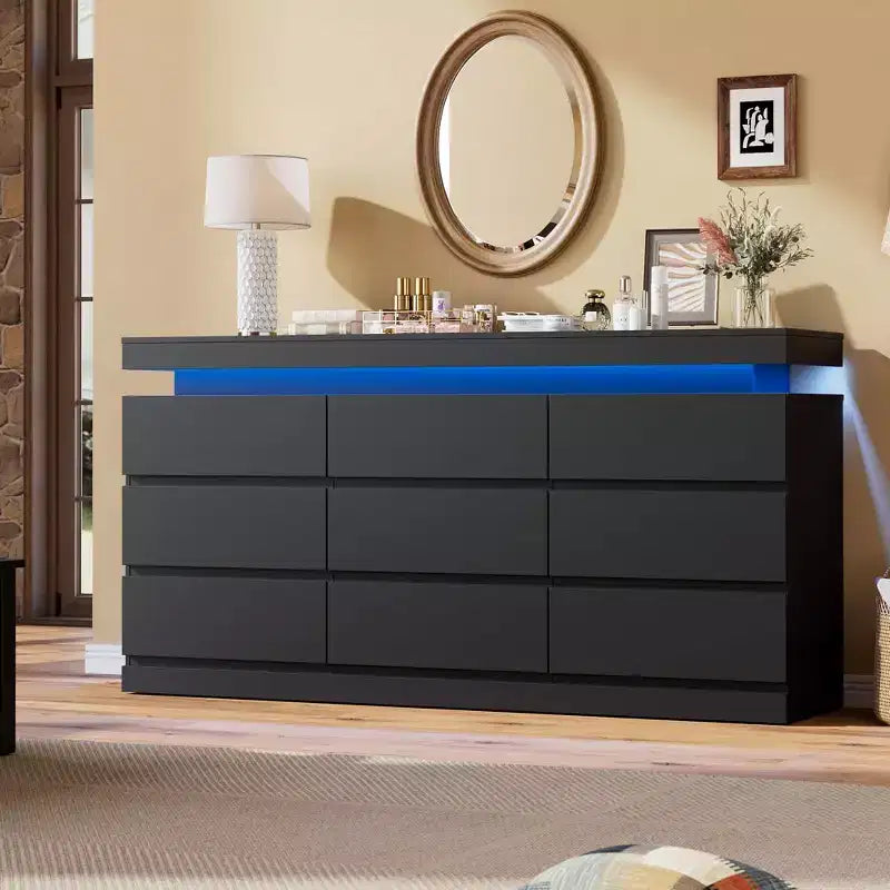 Kommode mit 9 Schubladen fürs Schlafzimmer, Schubladenschrank mit Ladestation und LED-Leuchten, doppelter Holzschrank zur Aufbewahrung, moderne Kommode und TV-Ständer