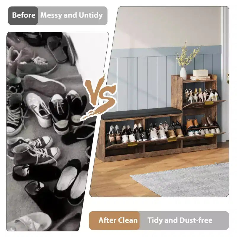 Farmhouse Shoe Cabinet with Bench, 4 Flip Drawers Entryway Shoe Storage Organizer with Comfort Cushioned Seat, Freestanding Shoe Rack Bench