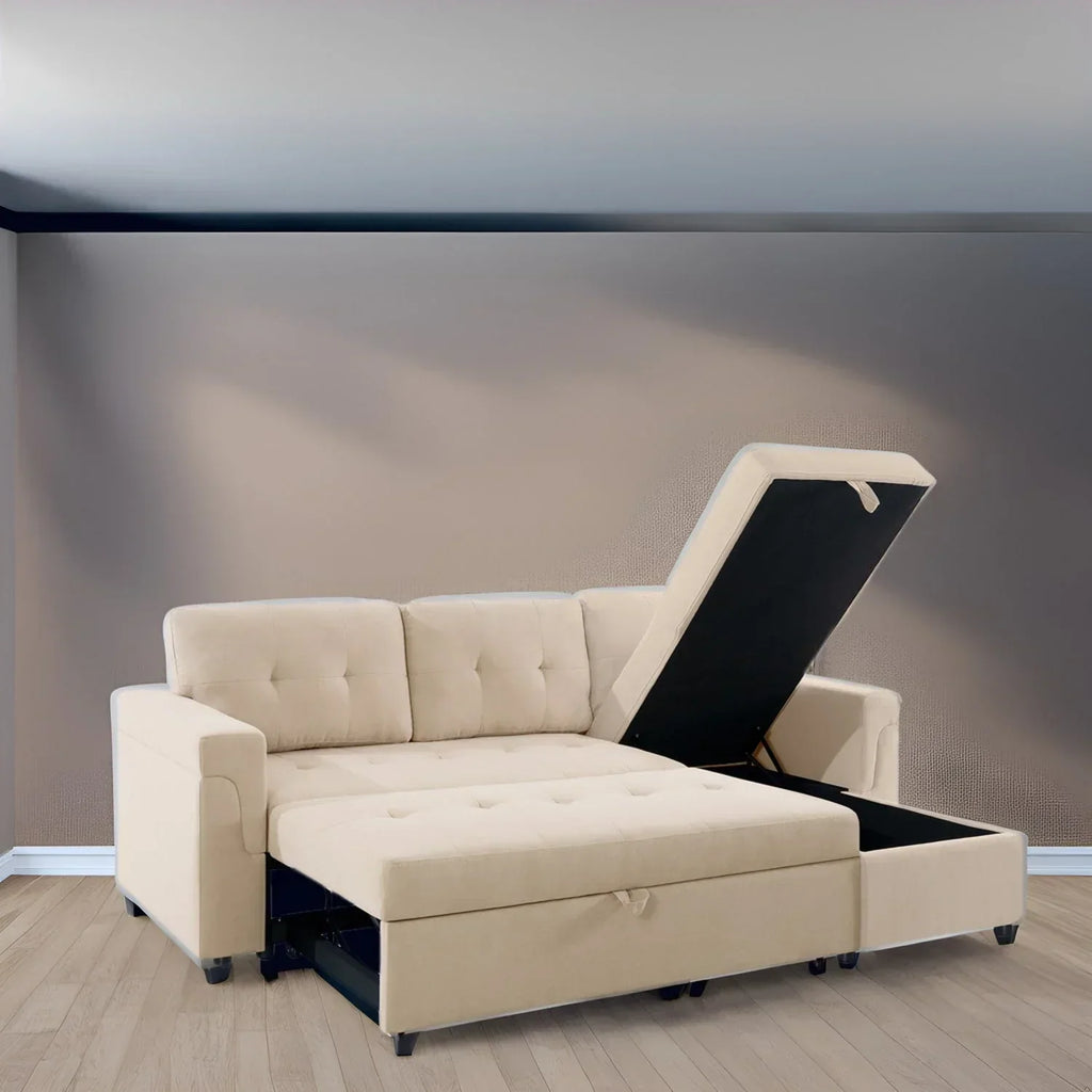 Divano componibile reversibile trasformabile con letto estraibile, chaise longue con contenitore nascosto e gambe resistenti