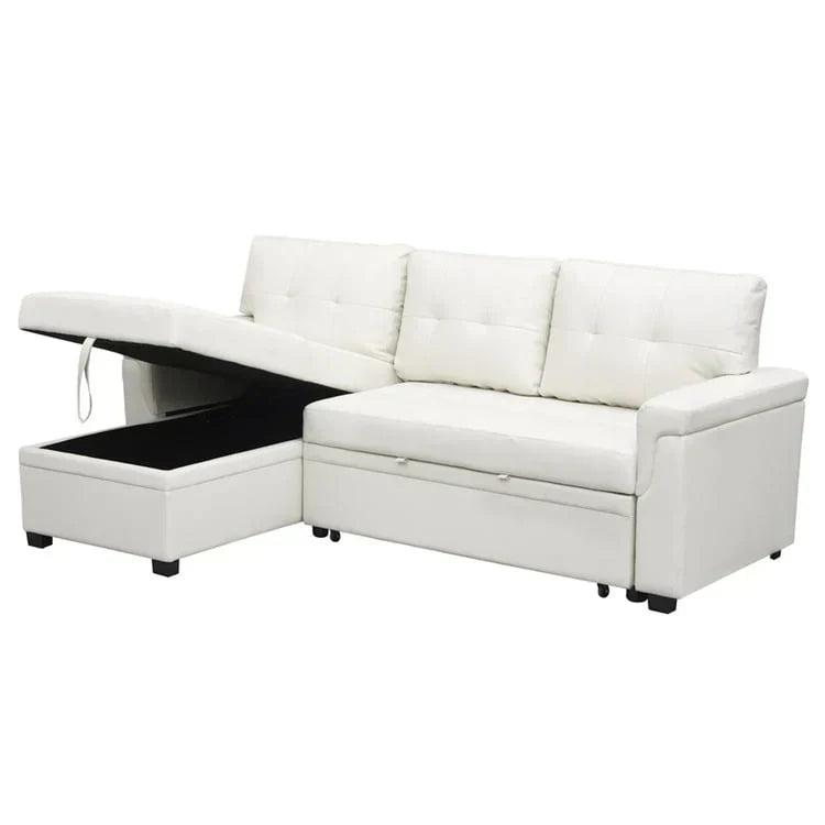 Divano componibile reversibile trasformabile con letto estraibile, chaise longue con contenitore nascosto e gambe resistenti
