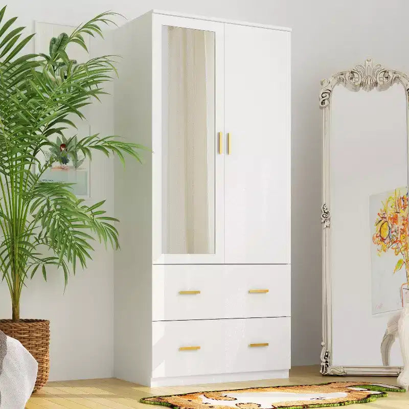 Armoire Hitow à portes miroirs avec deux tiroirs et rangement compartimenté