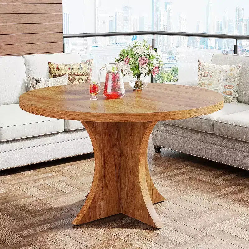Lantine ronde eettafel van 47,24 inch voor 4-6 personen, landelijke keukentafel met voetstuk, kleine eettafel voor eetkamer en woonkamer, bruin