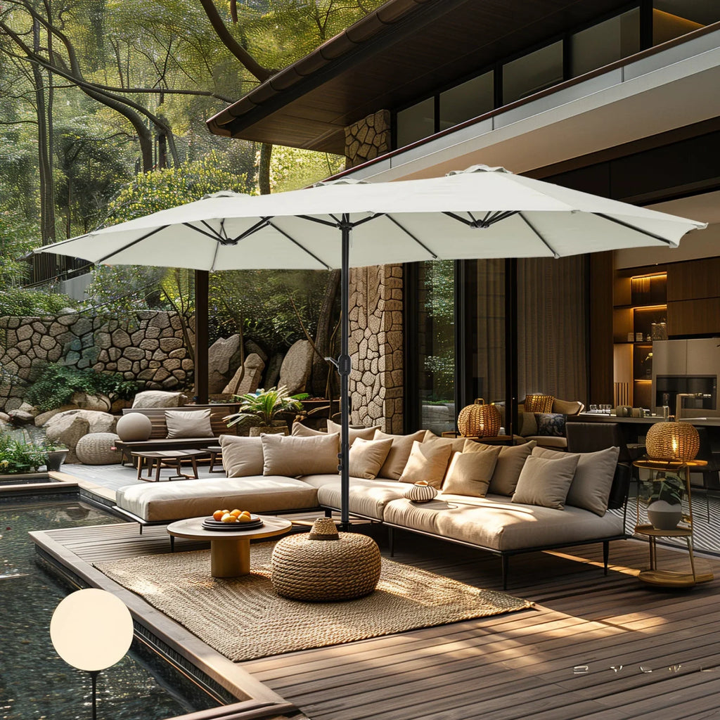 MAISON ARTS dubbele parasol voor terras, 15 ft, extra groot, tweepersoons, inclusief voet