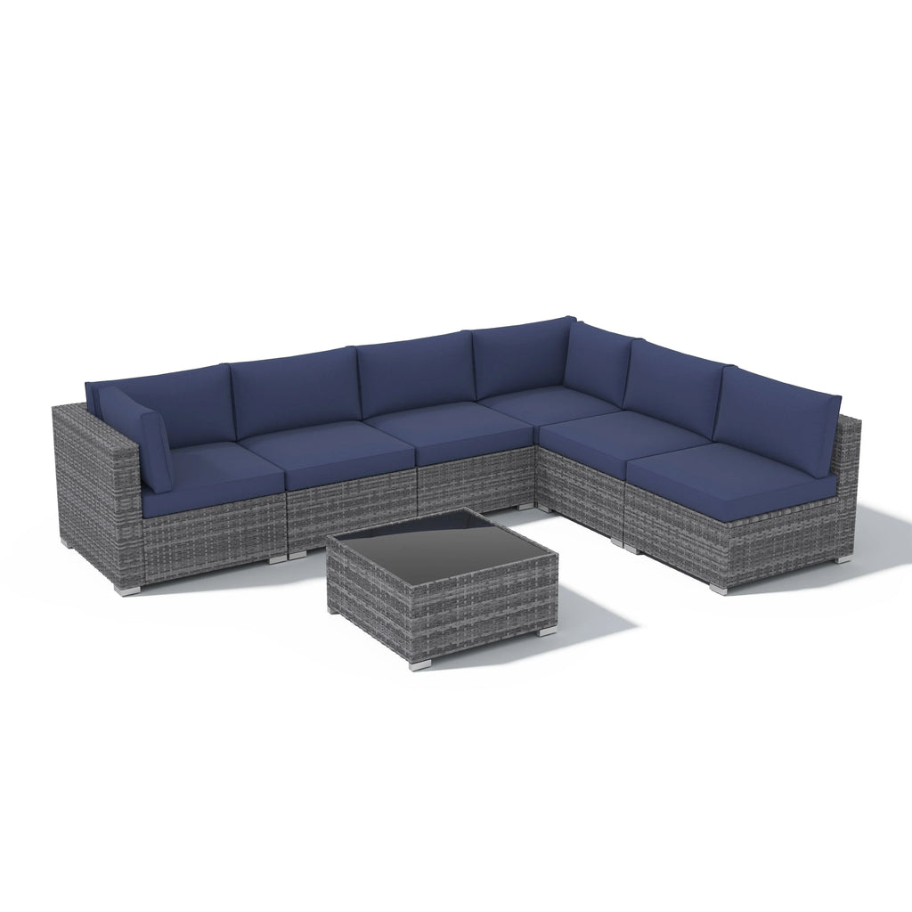 7-teiliges Outdoor-Sitzgruppen-Set aus Korbgeflecht und Stahl mit Polsterung