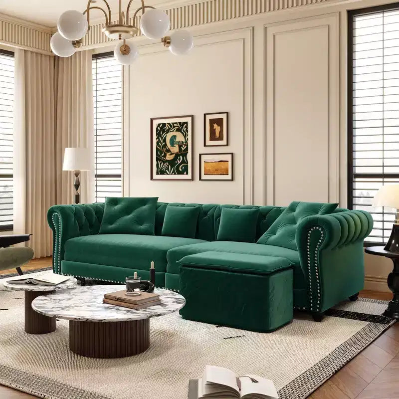 Whisen Samt-Schlafsofa in King-Size mit Ausziehfunktion und 3-in-1-Funktion, wandelbares Schlafsofa mit beweglichem Hocker und Steppdesign