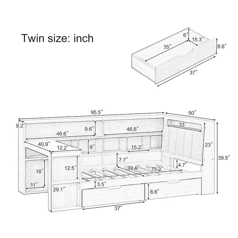 L-förmiges Holz-Sofa-Tagesbett mit Schreibtisch, Bücherregal-Schrank, Eckbett mit Schubladen unter dem Bett, gepolstertem Kopfteil und integrierter Beleuchtung