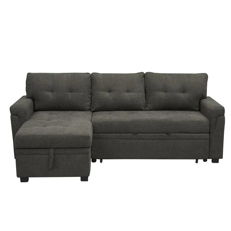 Divano componibile reversibile trasformabile con letto estraibile, chaise longue con contenitore nascosto e gambe resistenti