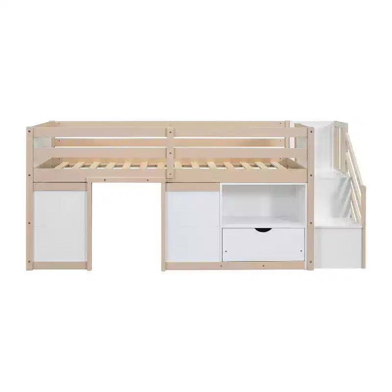 Okak Solid Wood Twin Loft Bed with Stairs & Storage,Low Profile Bunk Beds Twin with Drawers & Shelves,Multi-Functional Loft Beds for Kids,Teens