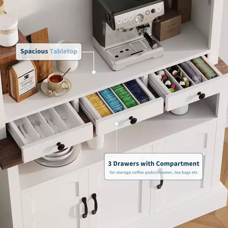 183 cm hoher Kaffeebarschrank im Landhausstil mit LED-Beleuchtung, Küchenbuffet mit Türen und Schublade, verstellbaren Regalböden und geräumigem Stauraum