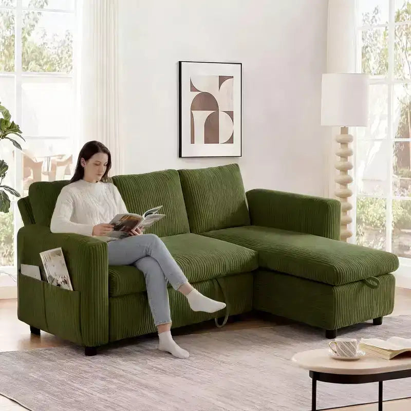 Dyonery 2-in-1-Schlafsofa zum Ausziehen mit Stauraum und Récamiere, Cord-Ecksofa mit USB-Anschlüssen für das Wohnzimmer