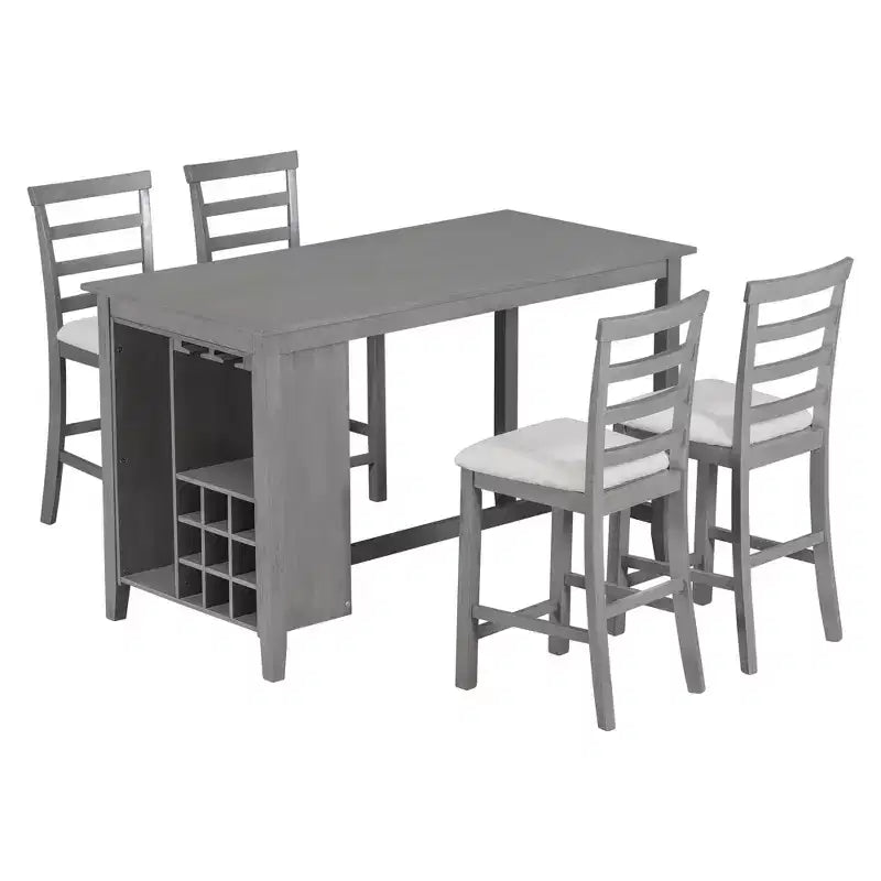 Ensemble de salle à manger de style maison de campagne 5 pièces, hauteur comptoir, avec chaises pour 4 personnes, table rectangulaire en bois avec étagères de rangement et compartiment pour bouteilles de vin