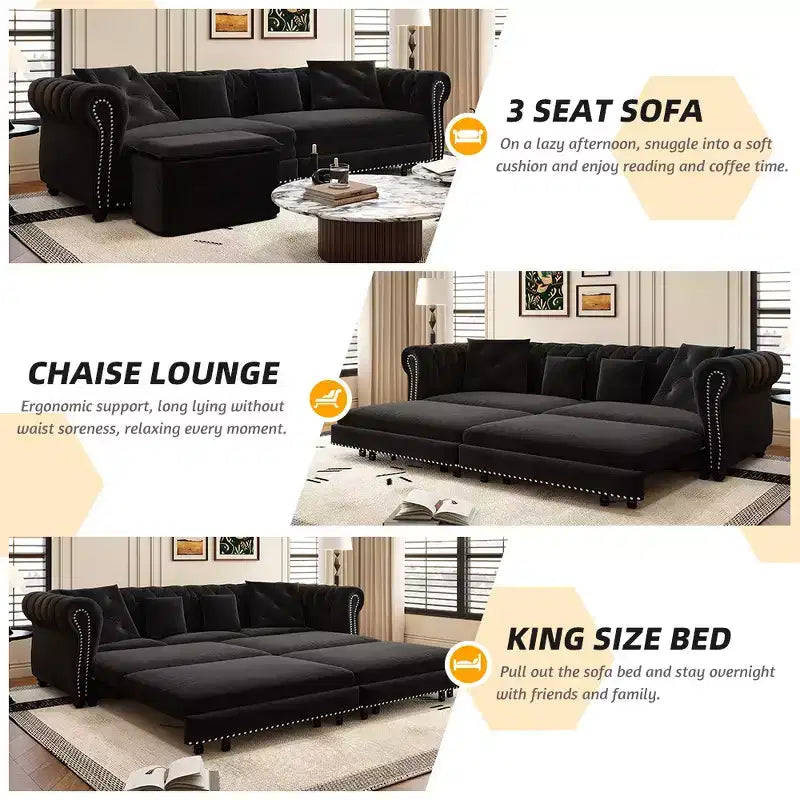 Whisen Samt-Schlafsofa in King-Size mit Ausziehfunktion und 3-in-1-Funktion, wandelbares Schlafsofa mit beweglichem Hocker und Steppdesign