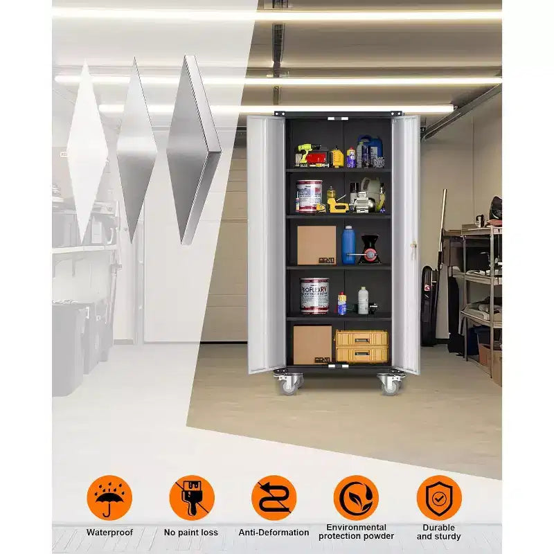 Garage Storage Cabinet with Wheels & Pegboard, 72 H Locking Metal Storage Cabinet with 2 Doors & 4 Adjustable Shelves for Garage Workshop