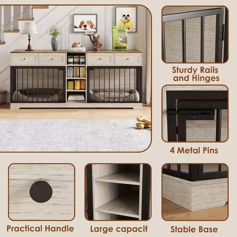 82 Double Dog Crate Furniture, Large Dog Kennel Indoor for 2 Dogs, Heavy Duty Wooden Dog Crate TV Stand with 4 Drawers and Shelves